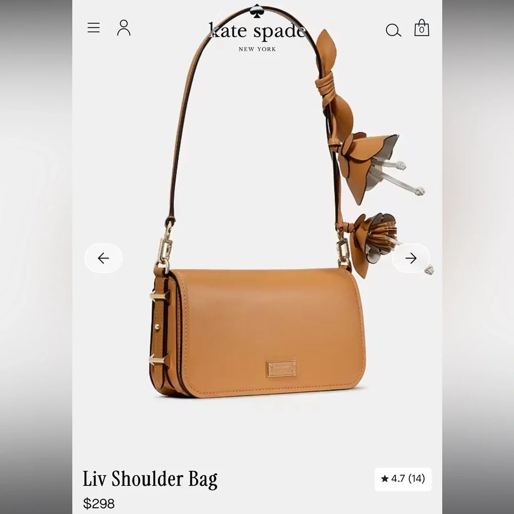NWT Kate Spade Tan Leather Shoulder Bag with 3D Floral Accent.